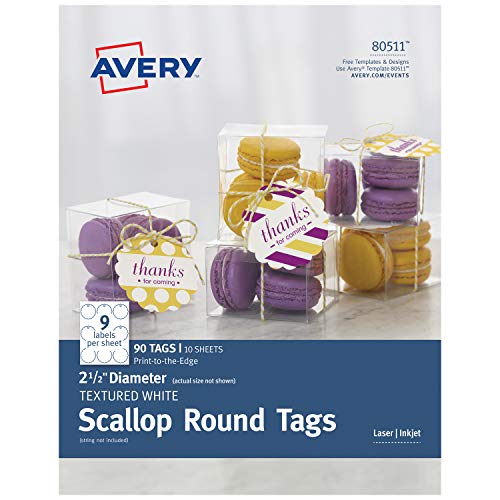 Product Cover Avery Textured White Scallop Round Paper Tags, 2-1/2-Inch Without Strings, Laser/Inkjet, Print-to-The-Edge, 90 Tags per Package (80511)