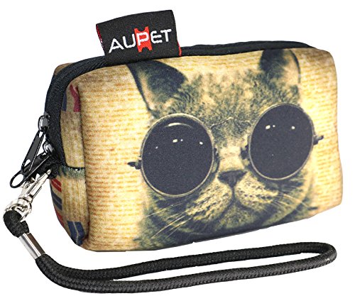 Product Cover AUPET Funny Cat Design Digital Camera Case Bag Pouch Coin Purse with Strap for Sony Samsung Nikon Canon Kodak