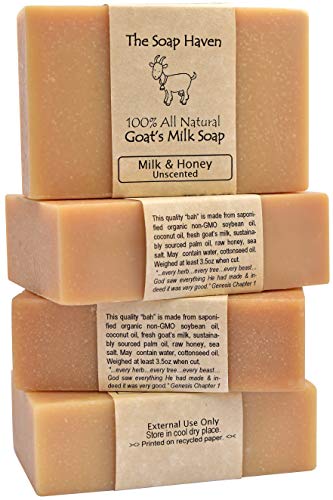 Product Cover 4 Goat Milk Soap Bars with Honey - Handmade in USA. All Natural Soap - Unscented, Fragrance Free, Fresh Goats Milk. Wonderful for Eczema, Psoriasis, Babies, and Sensitive Skin. SLS, Paraben, GMO-Free.