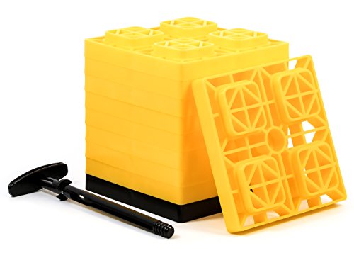 Product Cover Camco Yellow Fasten 2x2 Leveling Block for Single Tires, Interlocking Design Allows Stacking to Desired Height, Includes Secure T-Handle Carrying System, (Pack of 10) (44512), 10 Pack