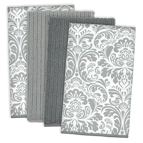 Product Cover DII Microfiber Multi-Purpose Cleaning Towels Perfect for Kitchens, Dishes, Car, Dusting, Drying Rags, 16 x 19, Set of 4 - Gray Damask