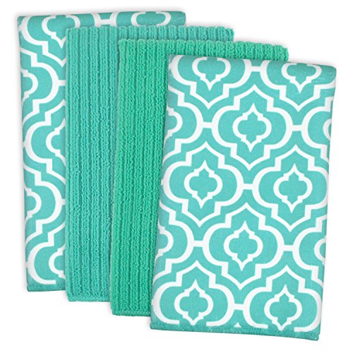 Product Cover DII Microfiber Multi-Purpose Cleaning Towels Perfect for Kitchens, Dishes, Car, Dusting, Drying Rags, 16 x 19, Set of 4 - Teal Lattice