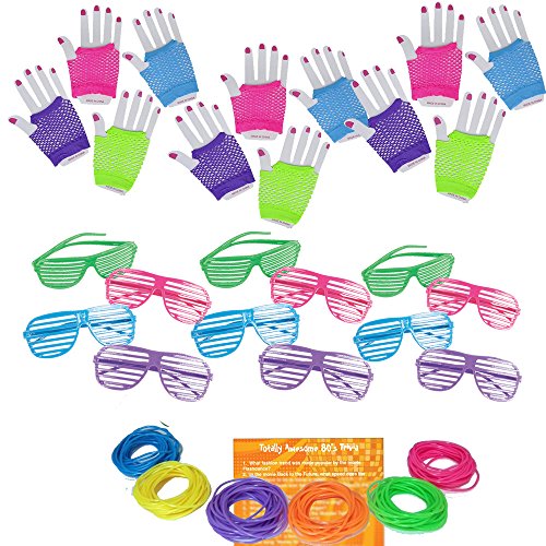 Product Cover Multiple 80s Rock Star or Pop Dress-Up Set for 12 - 12 Pairs Fingerless Fishnet Wrist Gloves, 12 Sunglasses, 144 Neon Gel Bracelets and 80s Trivia Questions