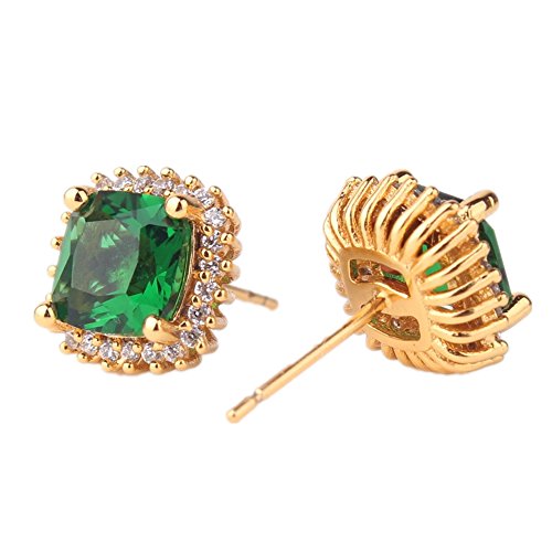 Product Cover ODETOJOY 1 Pair Simulated Emerald Earrings 18K Gold Stud Earring for Women Real Gold Crsystal Sqaure Zircon Fashion Earring with Gift Box