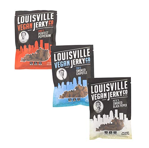 Product Cover Louisville Vegan Jerky - 3 Flavor Variety Sampler Pack, Vegan/Vegetarian Jerky, 21 Grams of Protein (Bourbon Smoked Black Pepper, Perfect Pepperoni and Bourbon Smoked Chipotle, 3 Ounces)