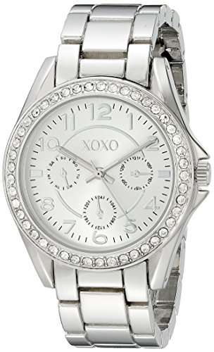 Product Cover XOXO Women's Analog Watch with Silver-Tone Case, Crystal-Inset Bezel, Silver-Tone Sunray Dial - Official XOXO Woman's Watch, Link Bracelet with Push-Button Clasp - Model: XO172