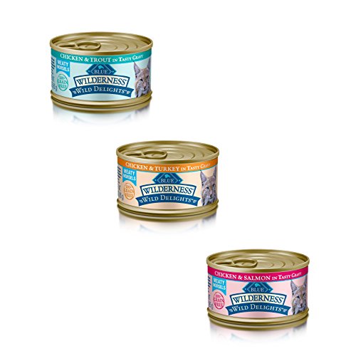 Product Cover Blue Buffalo Wilderness Grain-Free Wild Delights Variety Pack Cat Food - 3 Flavors (Chicken & Trout, Chicken & Salmon, and Chicken & Turkey) - 12 (3 Ounce) Cans - 4 of Each Flavor