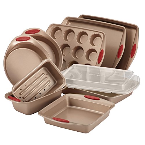 Product Cover Rachael Ray 52410 Cucina Nonstick Bakeware Set with Baking Pans, Baking Sheets, Cookie Sheets, Cake Pan, Muffin Pan and Bread Pan - 10 Piece, Latte Brown with Cranberry Red Grip