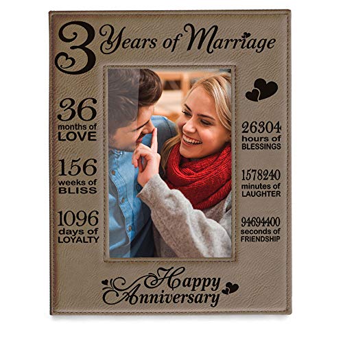 Product Cover KATE POSH Our 3rd Wedding Anniversary, 3 Years Anniversary, 3 Years of Marriage, Gifts for Couple, Third Anniversary - Engraved Leather Picture Frame (5 x 7 Vertical)