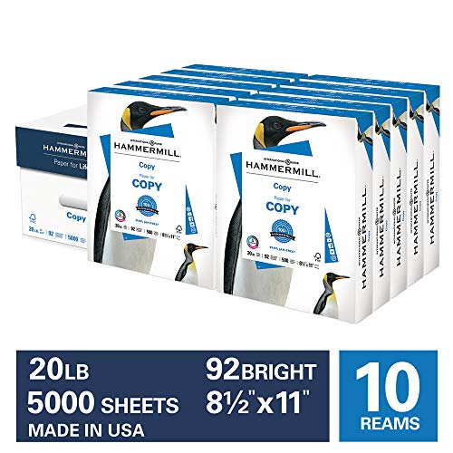 Product Cover Hammermill 20lb Copy Paper, 8.5 x 11, 10 Ream Case, 5000 Sheets, Made in USA, Sustainably Sourced From American Family Tree Farms, 92 Bright, Acid Free, Economical Multipurpose Printer Paper, 150010C