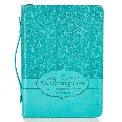 Product Cover Christian Art Gifts Turquoise Faux Leather Bible Cover for Women | Everlasting Love - Jeremiah 31:3 | Zippered Bible Case Book Cover w/Handle