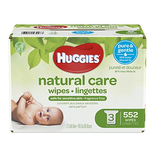 Product Cover HUGGIES Natural Care Unscented Baby Wipes, Sensitive, Hypoallergenic, Water-Based, 3 Refill Packs, 552 Count Total