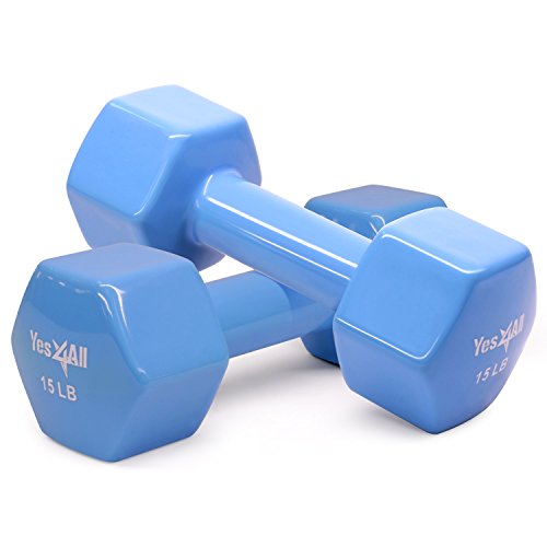 Product Cover Yes4All Vinyl Coated Dumbbells - PVC Hand Weights for Total Body Workout (Set of 2, Blue, 15 lbs)