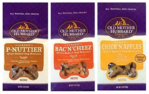 Product Cover Old Mother Hubbard All Natural Oven-Baked Mini Dog Biscuits 3 Flavor Variety Bundle: (1) Old Mother Hubbard Classic BacNCheez, (1) Old Mother Hubbard Classic P-Nuttier, and (1) Old Mother Hubbard Classic ChickNApples, 5 Oz. Ea. (3 Bags Tota