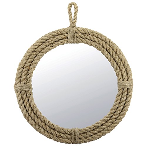 Product Cover Stonebriar Small Round Wrapped Rope Mirror with Hanging Loop, Vintage Nautical Design, Brown