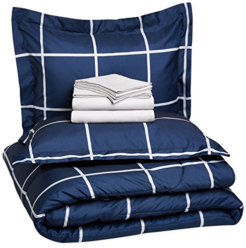 Product Cover AmazonBasics 7-Piece Light-Weight Microfiber Bed-In-A-Bag Comforter Bedding Set - Full or Queen, Navy Simple Plaid