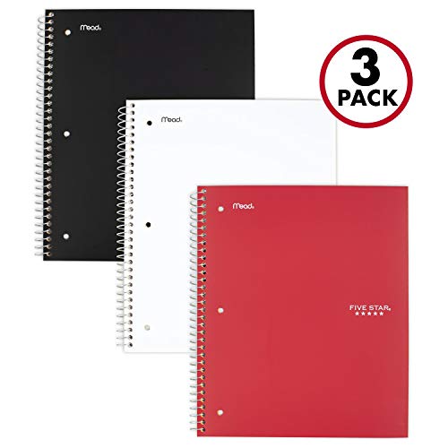 Product Cover Five Star Spiral Notebooks, 3 Subject, College Ruled Paper, 150 Sheets, 11 x 8-1/2 inches, Black, White, Red, 3 Pack (73393)