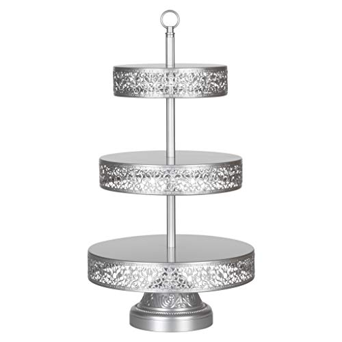 Product Cover Amalfi Decor 3 Tier Dessert Cupcake Stand, Large Pastry Candy Cookie Tower Holder Plate for Wedding Event Birthday Party, Round Metal Pedestal Tray, Silver