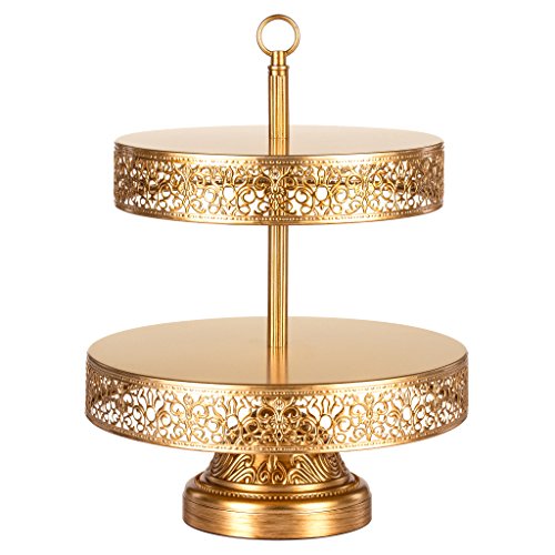 Product Cover Amalfi Decor 2 Tier Dessert Cupcake Stand, Large Pastry Candy Cookie Tower Holder Plate for Wedding Event Birthday Party, Round Metal Pedestal Tray, Gold