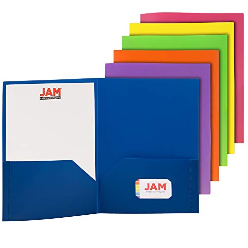 Product Cover JAM PAPER Plastic 2 Pocket School POP Folders - Assorted Primary Colors - 6/pack