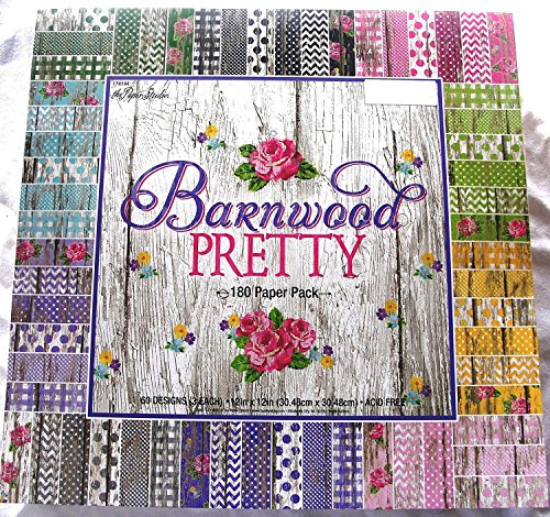 Product Cover Barnwood Pretty 12x12 Scrapbooking Paper Pack 180 Sheets Chevron, Dots, Roses, Gingham, Country, Shabby, Farm Vintage, Old Wood