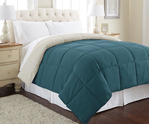 Product Cover Amrapur Overseas Goose Down Alternative Microfiber Quilted Reversible Comforter/Duvet Insert Ultra Soft Hypoallergenic Bedding - Medium Warmth for All Seasons, Full/Queen, Blue Coral/Oatmeal