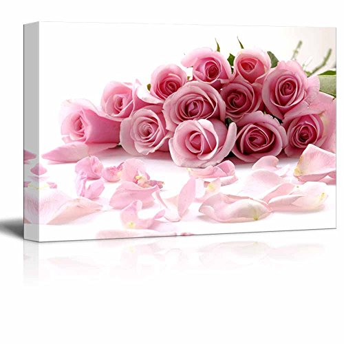 Product Cover Canvas Prints Wall Art - Bouquet of Beautiful Pink Rose Flowers with Petals | Modern Wall Decor/Home Decor Stretched Gallery Wraps Giclee Print & Wood Framed. Ready to Hang - 16