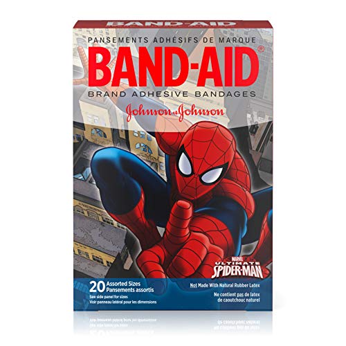 Product Cover Band-Aid Brand Adhesive Bandages for Minor Cuts and Scrapes, Featuring Marvel Spiderman for Kids, Assorted Sizes 20 ct