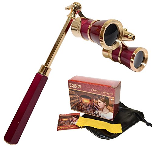 Product Cover HQRP Opera Glasses/Binoculars w/Crystal Clear Optic (CCO) 3 x 25 in Burgundy Color with Golden Trim, Built-in Extendable Handle and Red Reading Light