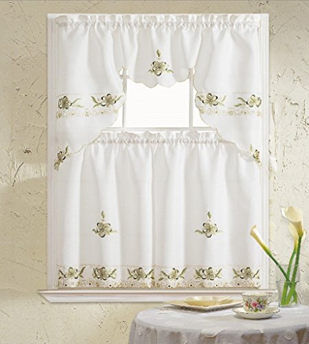 Product Cover B&H Home Aster Floral Embroidered 3-Piece Kitchen Curtain Window Treatment (Sage)