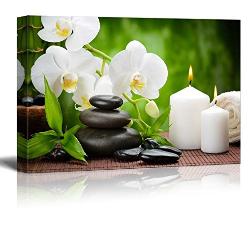 Product Cover Canvas Prints Wall Art - Zen Basalt Stones and Orchid on The Wood | Modern Wall Decor/Home Decor Stretched Gallery Canvas Wraps Giclee Print & Ready to Hang - 16
