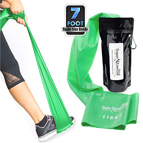 Product Cover SUPER EXERCISE BAND Light Green 7 ft. Long Resistance Band and Door Anchor Set, Carry Pouch. Latex Free Home Gym, Fitness, Strength Training, Physical Therapy, Yoga, Pilates, Rehab, Chair Workouts.