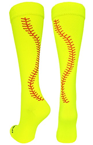 Product Cover MadSportsStuff Softball Socks with Stitches Over The Calf (Neon Yellow/Red, Medium)