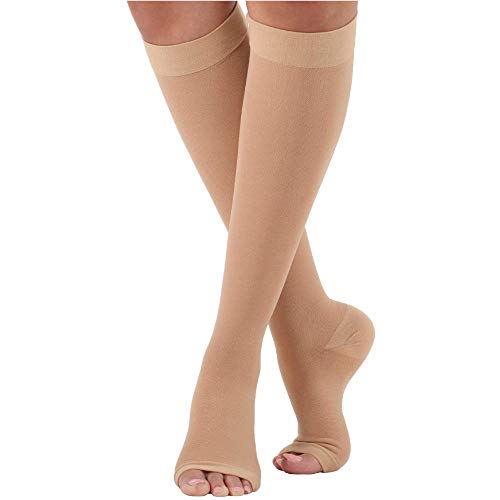 Product Cover Made in The USA - Mojo Compression Socks | Knee Length Support Stockings | Open Toe | Beige XL Unisex