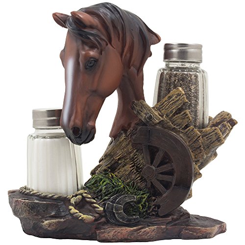 Product Cover Chestnut Stallion Glass Salt & Pepper Shaker Set with Decorative Brown Horse Statue Holder for Western Ranch Decor or Country Farm Kitchen Table Centerpieces As Collectible Gifts for Farmers