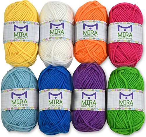 Product Cover Mira Handcrafts 8 Acrylic Yarn Bonbons | Total of 525 Yards Craft Yarn | Includes 2 Crochet Hooks, 2 Weaving Needles, 7 E-Books | DK Yarn for Knitting and Crochet | Perfect Beginner Kit