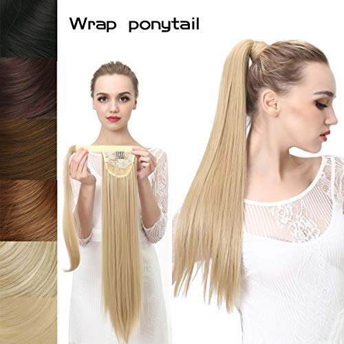 Product Cover Straight Long Clip in Ponytail Hair Extension Wrap Around Synthetic Ash Blonde Fake Pony Tail Hairpiecs Hair Piece Heat-Resisting Fiber SARLA 24
