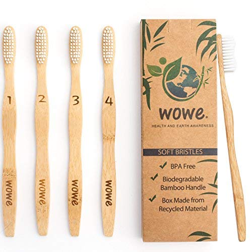 Product Cover Wowe Lifestyle Natural Organic Bamboo Toothbrush Eco-Friendly Wood, Ergonomic Biodegradable Handle , Soft BPA Free Bristles, Pack of 4