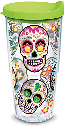 Product Cover Tervis 1179857 Sugar Skulls Tumbler with Wrap and Lime Green Lid 24oz, Clear