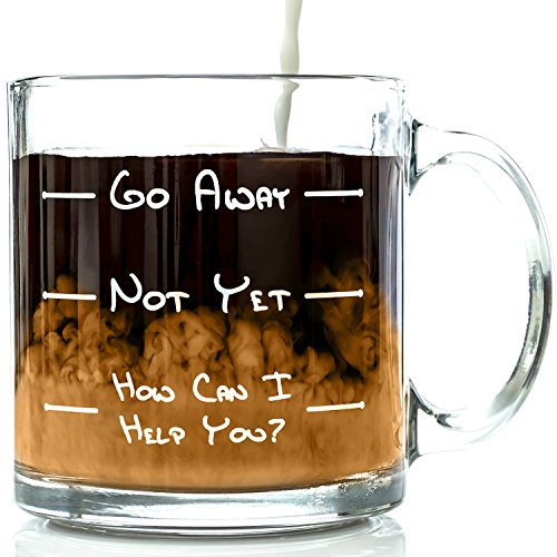 Product Cover Go Away Funny Glass Coffee Mug 13 oz - Unique Father's Day Gift For Men & Women, Him or Her - Best Office Cup & Birthday Present Idea For Mom, Dad, Husband, Wife, Boyfriend, Girlfriend or Coworkers