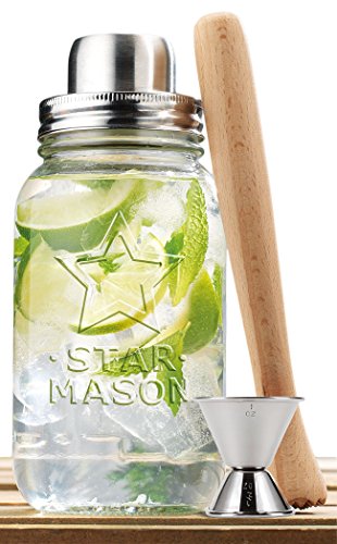 Product Cover Clear Glass 30-oz Mason Jar and Stainless Steel Cocktail Shaker Set, Wood Muddler & Stainless Steel Jigger, Home & Party Barware Tool Set