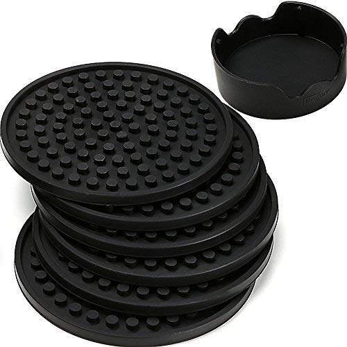 Product Cover ENKORE Coasters For Drinks - Set of 6 with Holder, Black - Protect Furniture From Water Marks or Damage - Deep Tray and Rim Catch Cold Drink Sweat Without Spill, Large 4.3 Inch Size Fit All Cups