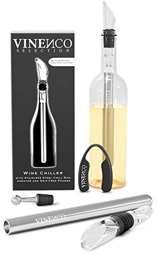 Product Cover VINENCO Wine Chiller Set + Foil Cutter, Stopper, Storage Pouch & Ebook - Premium 3-in-1 Stainless Steel Bottle Cooler Stick, Decanting Aerator & Drip-Free Pourer | Design Bar Accessory Men Women