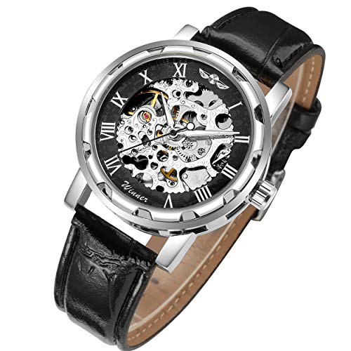Product Cover Gute Classic Skeleton Watch Unisex Steampunk Auto Self Wind Wrist Watch - Black Dial Silver Watch Case