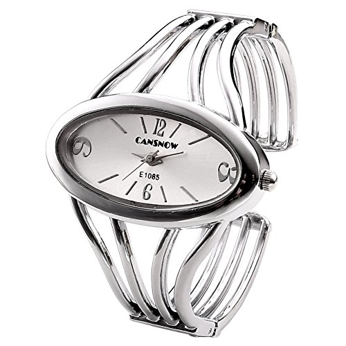 Product Cover Top Plaza Women Elegant Oval Silver Tone Bangle Cuff Bracelet Dress Watch