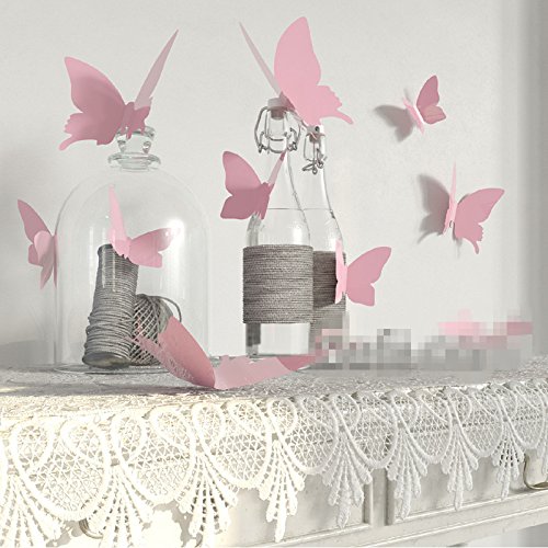 Product Cover YINGKAI Mariposa in Gossip Girl 12pcs/Pack PVC 3D Decorative Butterflies Removable Wall Art Sticker for Home Decor and Wedding Party Decoration (Pink)