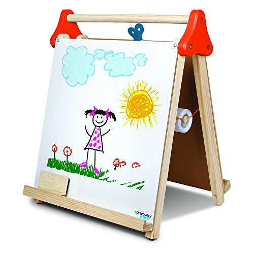 Product Cover DISCOVERY KIDS 3-in-1 Tabletop Dry Erase Chalkboard Painting Art Easel, Includes Paper Roll and Oversized Clip, 17 x 15 Inch Wood Frame, Perfect for Children 3+ | Foldable/Portable for Countertop Play