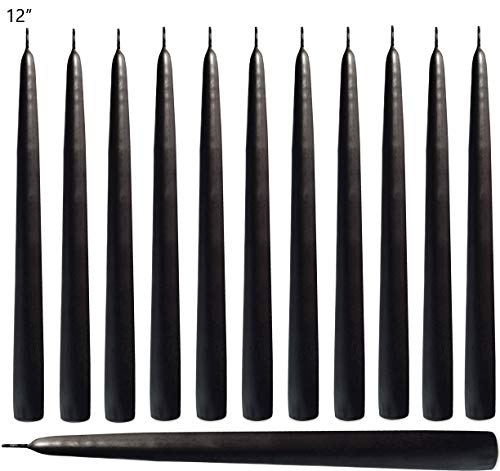Product Cover Black Taper Candles 12 Inch Tall Unscented Elegant Premium Quality Dripless Smokeless Hand-Dipped - Set of 12 - for Holiday Decoration Wedding Dinner Table Birthday Made in USA