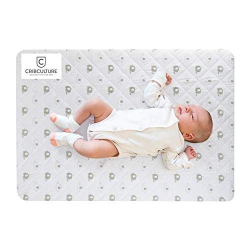 Product Cover CribCulture Portable Mattress Pad Cover Protector - Elephant Pattern Designed to Fit Graco Pack N Play Mattress - Waterproof Fitted Padded Baby Playard Sheet, Play Yard Mattress Sheets for Mini Crib
