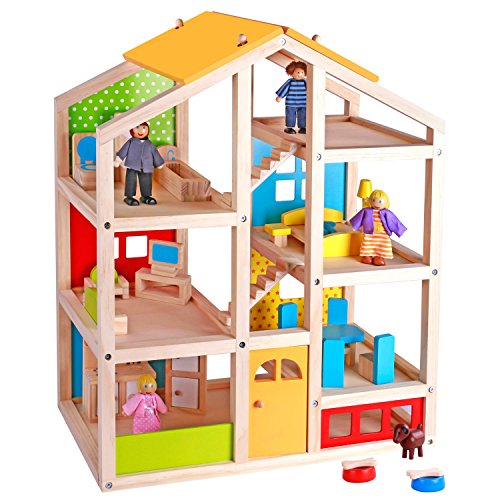 Product Cover Pidoko Kids Skylar Dollhouse with 20 Pcs Furniture, 5 Dolls and a Pet Dog